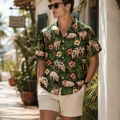 HW-541-Cattle and Wildlife Pig Pattern Hawaiian Shirt, Casual Tropical Vacation Button-Up
