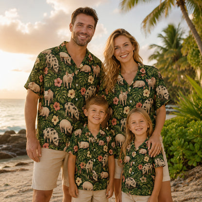 HW-541-Cattle and Wildlife Pig Pattern Hawaiian Shirt, Casual Tropical Vacation Button-Up