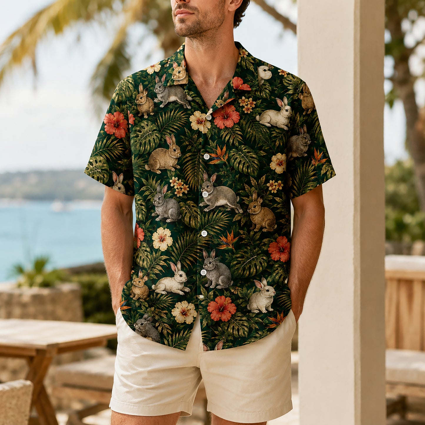 HW-542-Animal Print Hawaiian Shirt, Tropical Button-Up Camp Shirt with Nature Inspired Design