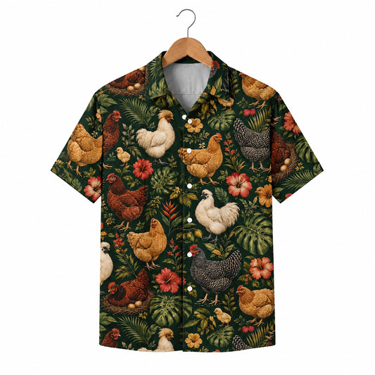 HW-543-Farm Animal Chicken Hawaiian Shirt, Tropical Aloha Button-Up with Rustic Country Print