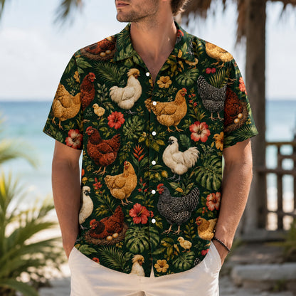 HW-543-Farm Animal Chicken Hawaiian Shirt, Tropical Aloha Button-Up with Rustic Country Print