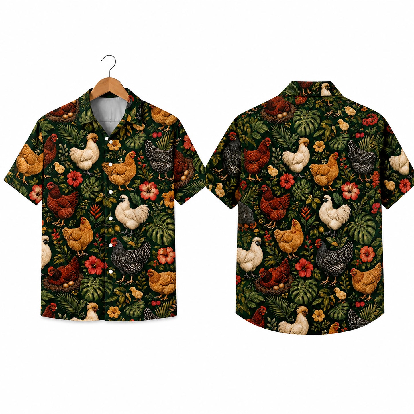 HW-543-Farm Animal Chicken Hawaiian Shirt, Tropical Aloha Button-Up with Rustic Country Print