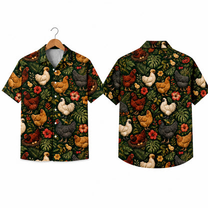 HW-543-Farm Animal Chicken Hawaiian Shirt, Tropical Aloha Button-Up with Rustic Country Print