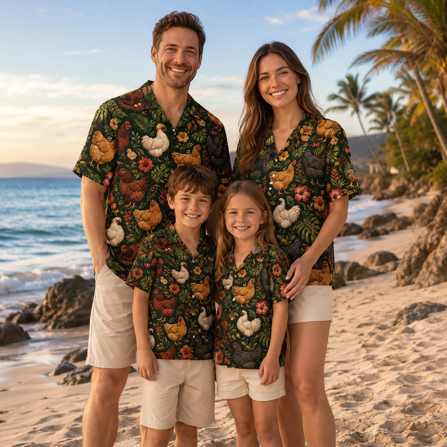 HW-543-Farm Animal Chicken Hawaiian Shirt, Tropical Aloha Button-Up with Rustic Country Print