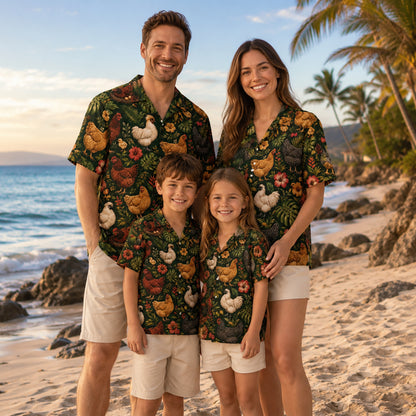 HW-543-Farm Animal Chicken Hawaiian Shirt, Tropical Aloha Button-Up with Rustic Country Print
