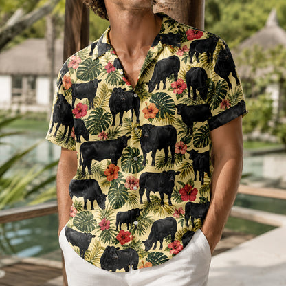 HW-544-Western Cattle Graphic Hawaiian Shirt, Lightweight Tropical Resort Style Shirt