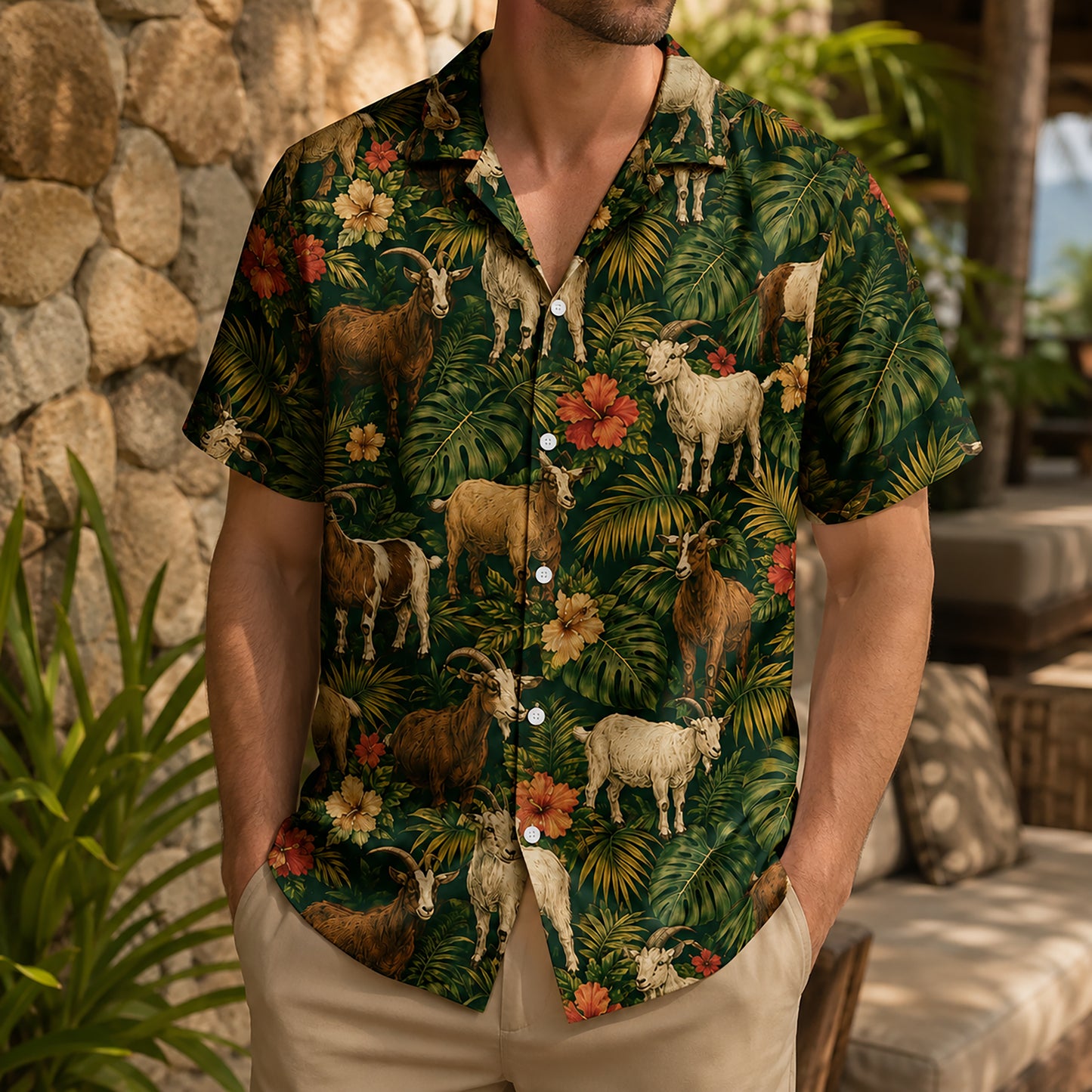 HW-545-Goat Wildlife Pattern Hawaiian Shirt, Tropical Aloha Shirt with Animal Theme Design