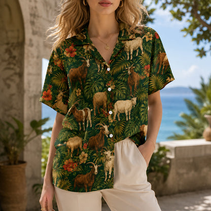 HW-545-Goat Wildlife Pattern Hawaiian Shirt, Tropical Aloha Shirt with Animal Theme Design