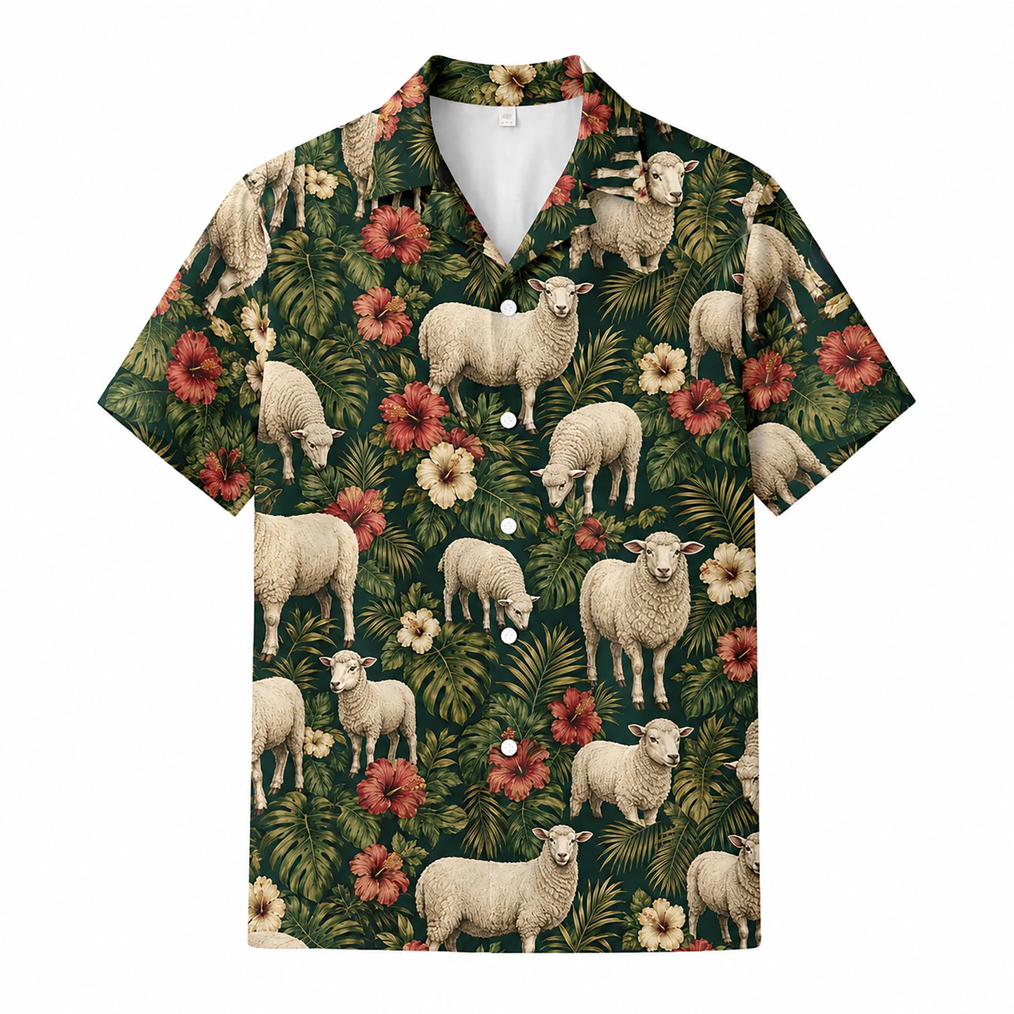 HW-546-Nature and Animal Sheep Print Hawaiian Shirt, Relaxed Fit Tropical Camp Shirt