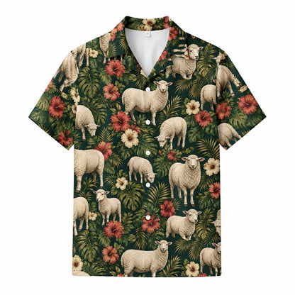 HW-546-Nature and Animal Sheep Print Hawaiian Shirt, Relaxed Fit Tropical Camp Shirt