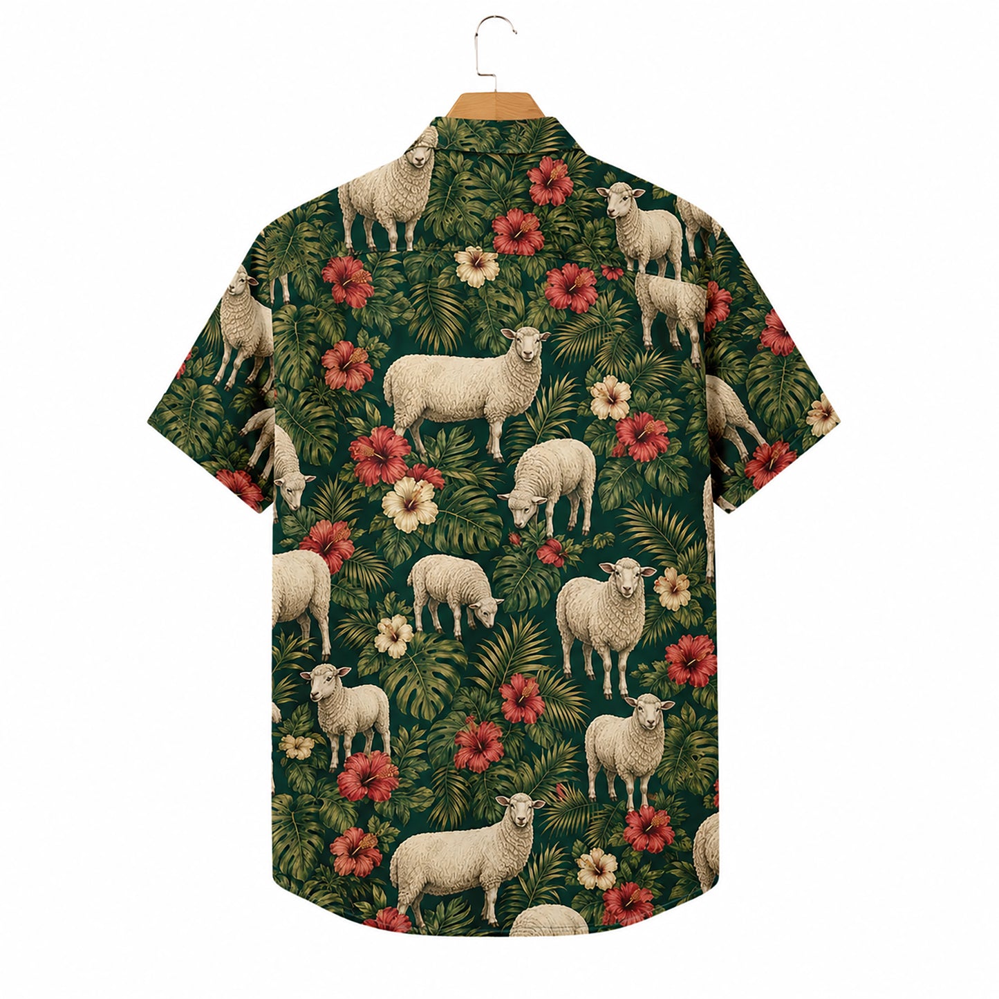HW-546-Nature and Animal Sheep Print Hawaiian Shirt, Relaxed Fit Tropical Camp Shirt
