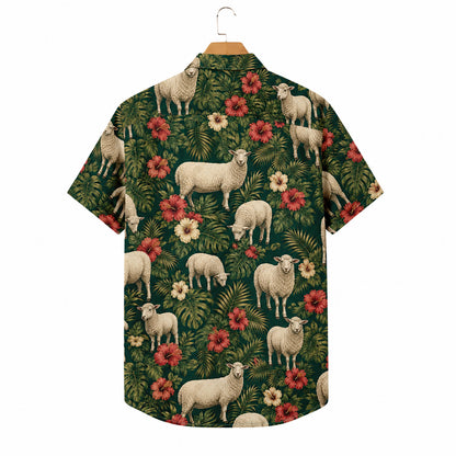 HW-546-Nature and Animal Sheep Print Hawaiian Shirt, Relaxed Fit Tropical Camp Shirt