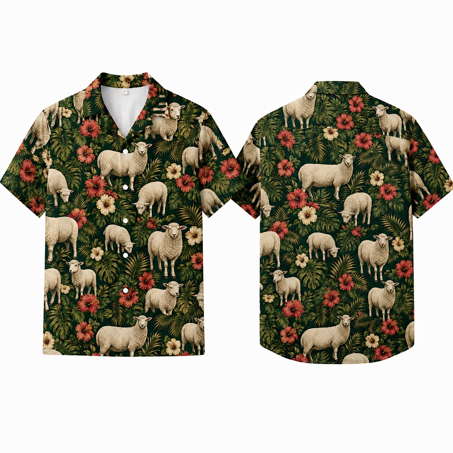 HW-546-Nature and Animal Sheep Print Hawaiian Shirt, Relaxed Fit Tropical Camp Shirt