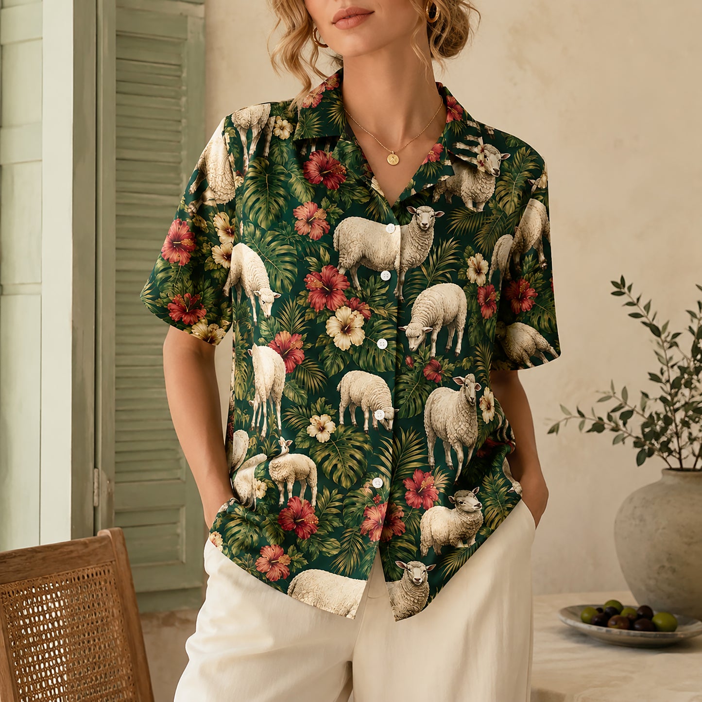 HW-546-Nature and Animal Sheep Print Hawaiian Shirt, Relaxed Fit Tropical Camp Shirt