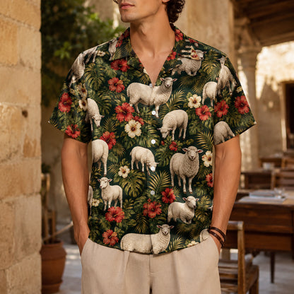 HW-546-Nature and Animal Sheep Print Hawaiian Shirt, Relaxed Fit Tropical Camp Shirt