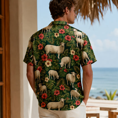 HW-546-Nature and Animal Sheep Print Hawaiian Shirt, Relaxed Fit Tropical Camp Shirt