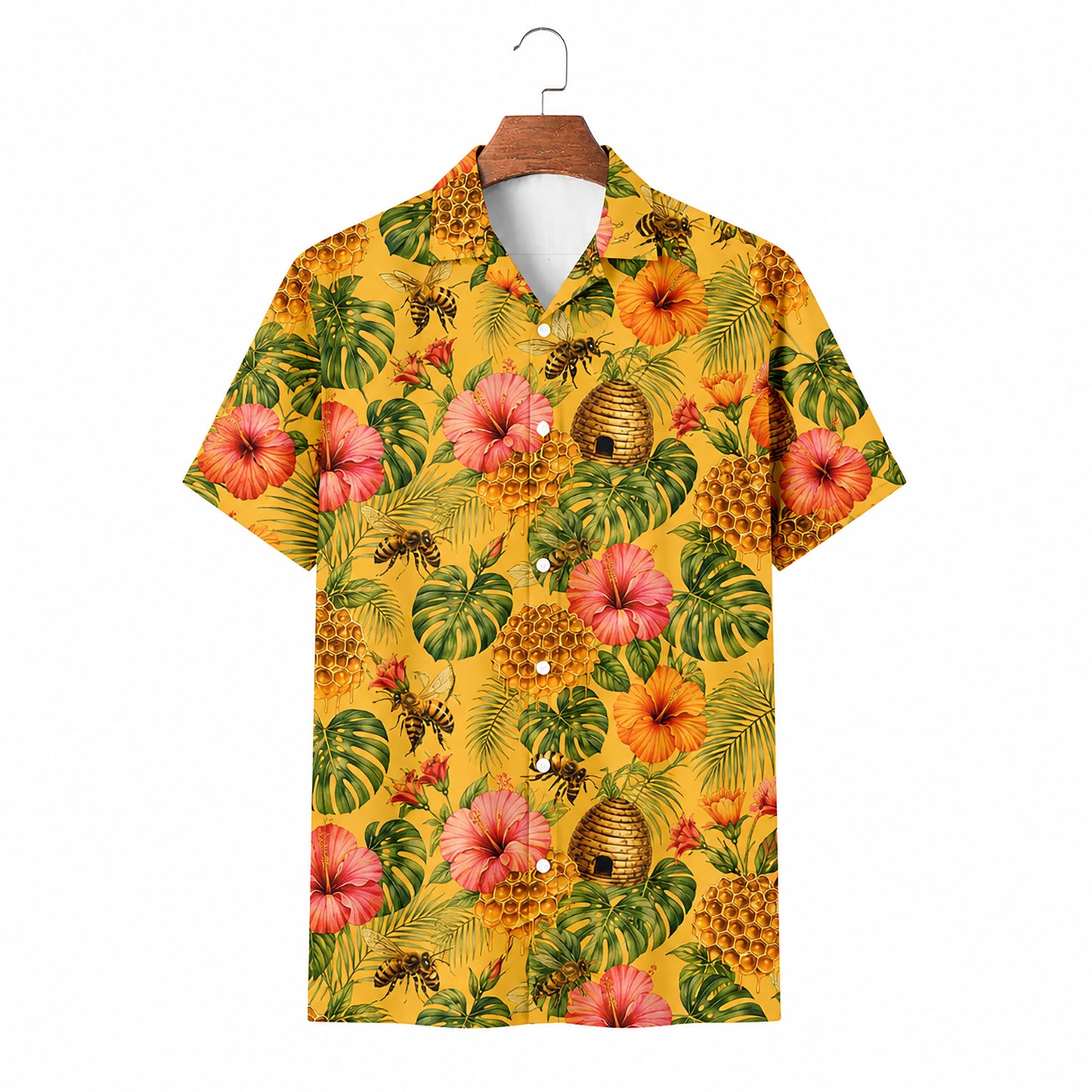 HW-547-Bee and Honey Motif Hawaiian Shirt, Casual Tropical Camp Shirt for Vacation and Resort Wear