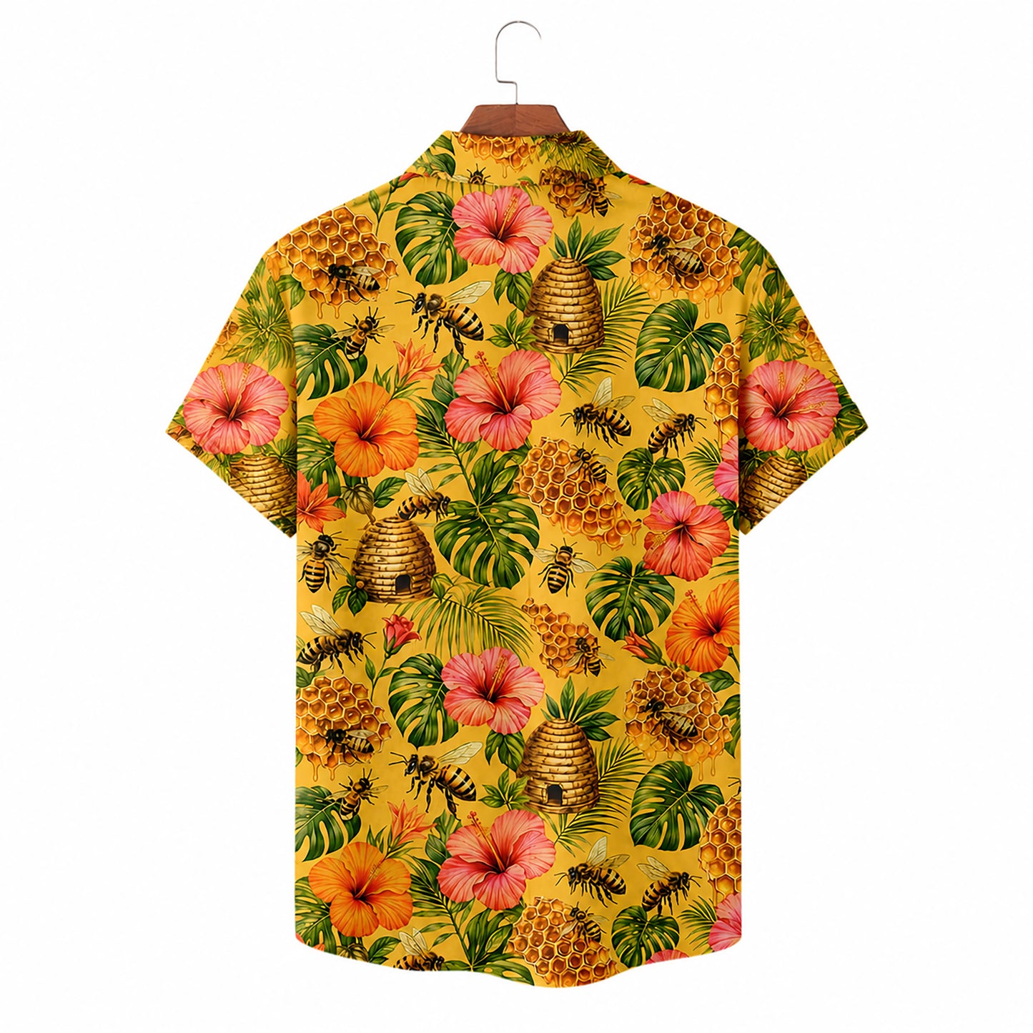 HW-547-Bee and Honey Motif Hawaiian Shirt, Casual Tropical Camp Shirt for Vacation and Resort Wear