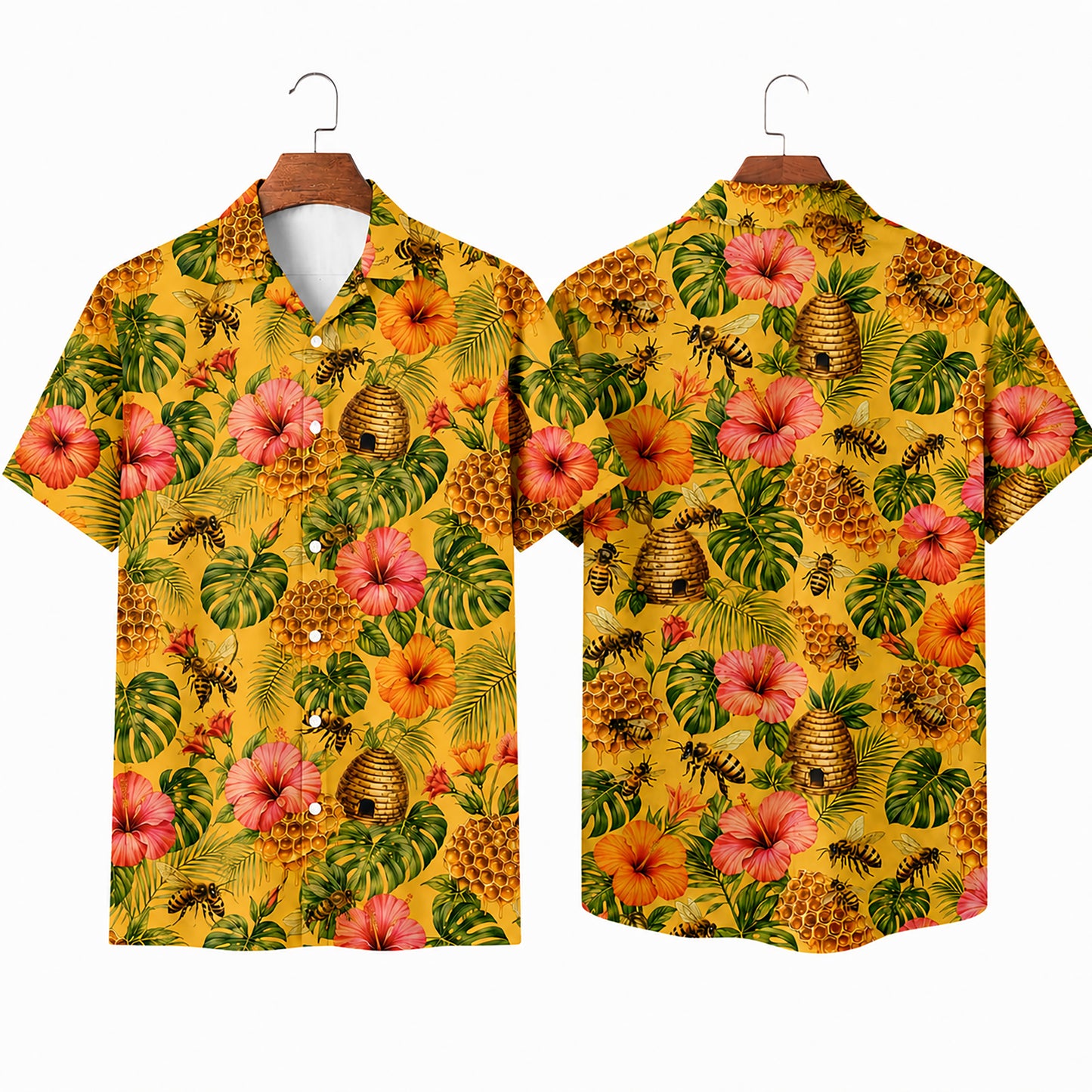 HW-547-Bee and Honey Motif Hawaiian Shirt, Casual Tropical Camp Shirt for Vacation and Resort Wear