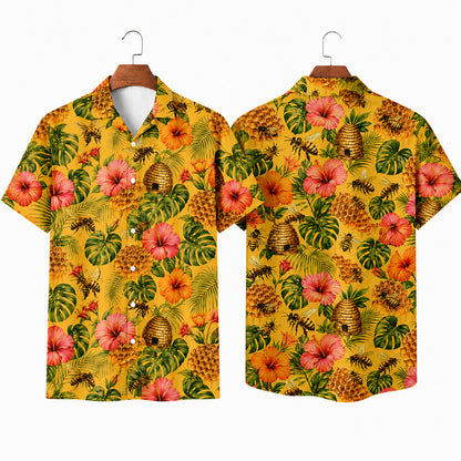 HW-547-Bee and Honey Motif Hawaiian Shirt, Casual Tropical Camp Shirt for Vacation and Resort Wear