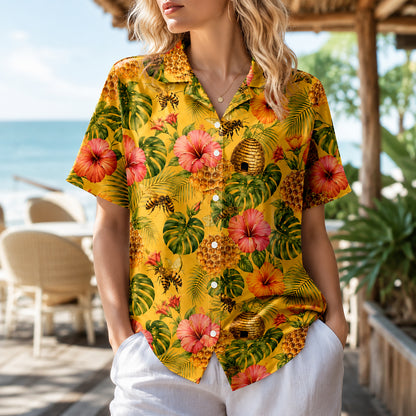 HW-547-Bee and Honey Motif Hawaiian Shirt, Casual Tropical Camp Shirt for Vacation and Resort Wear