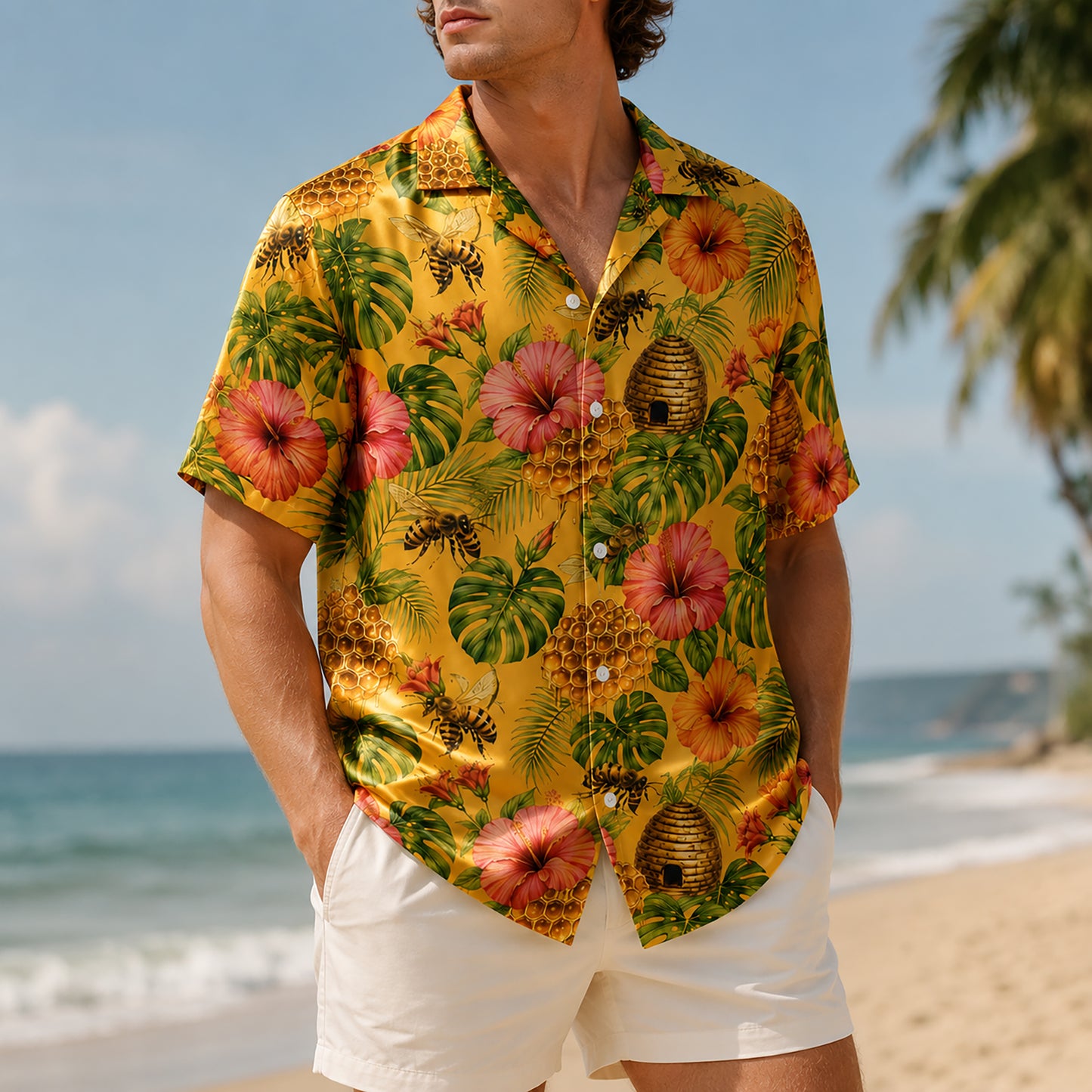 HW-547-Bee and Honey Motif Hawaiian Shirt, Casual Tropical Camp Shirt for Vacation and Resort Wear