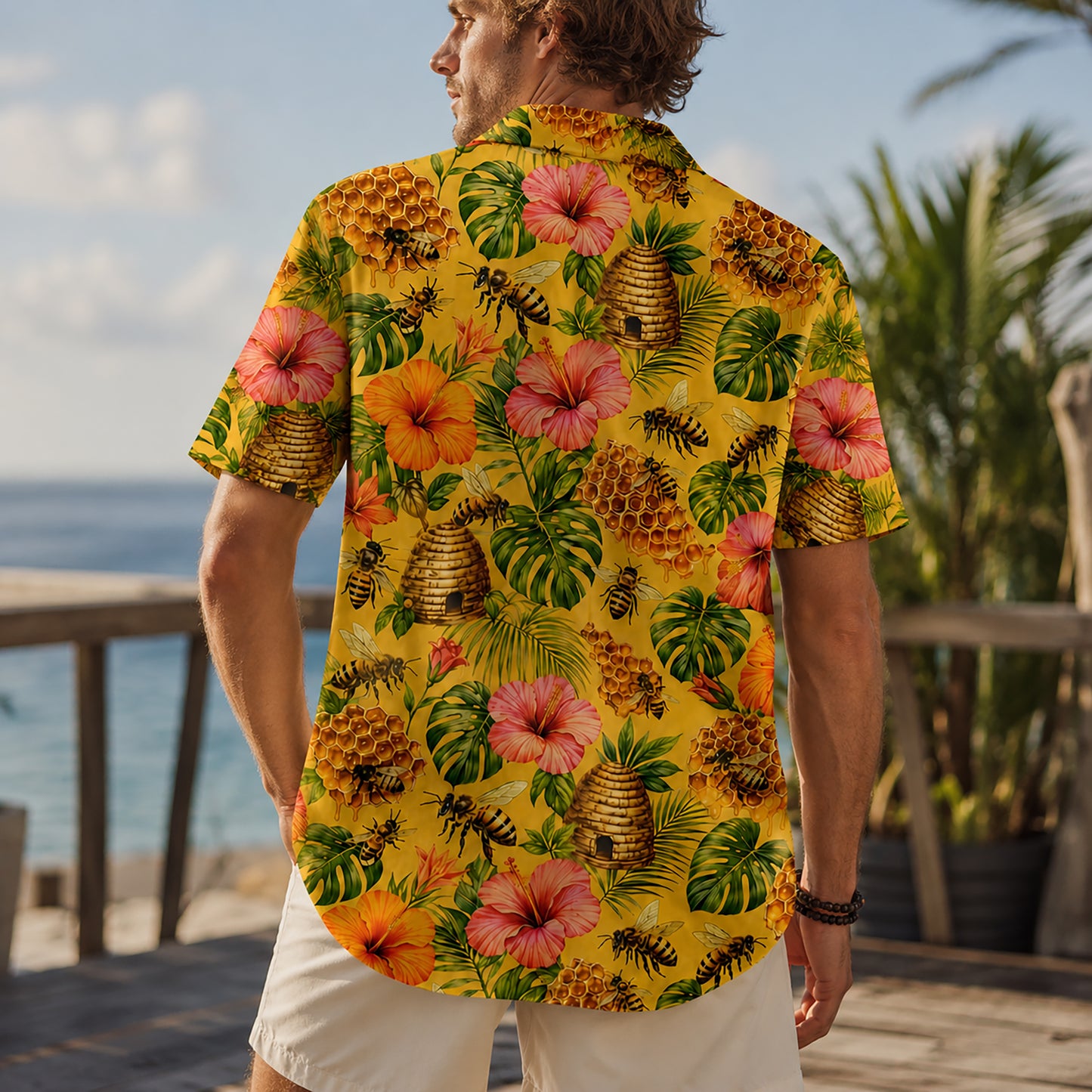 HW-547-Bee and Honey Motif Hawaiian Shirt, Casual Tropical Camp Shirt for Vacation and Resort Wear