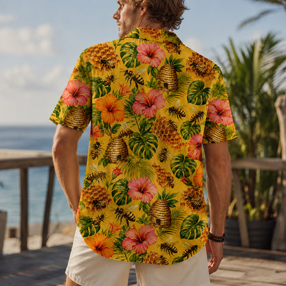 HW-547-Bee and Honey Motif Hawaiian Shirt, Casual Tropical Camp Shirt for Vacation and Resort Wear