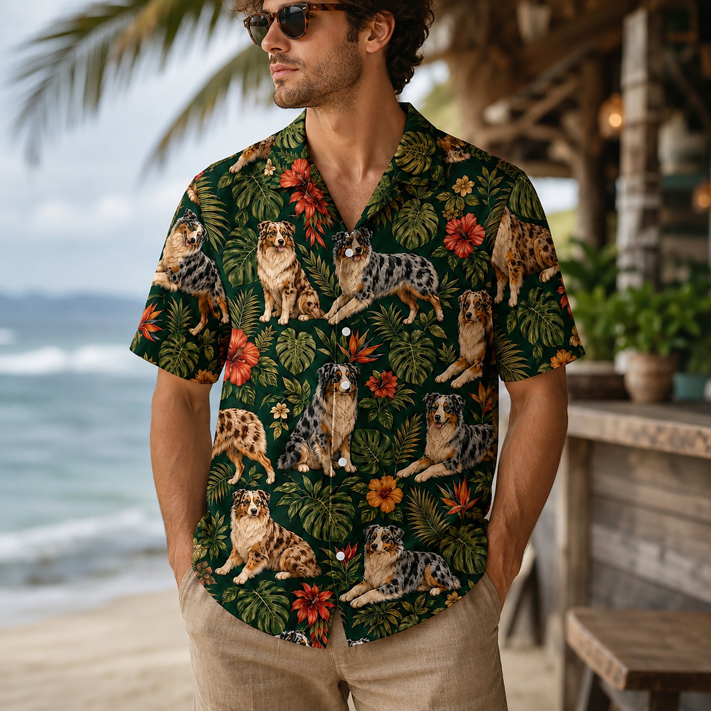 HW-549-Dog Lover Hawaiian Shirt, Tropical Aloha Button-Up with Pet-Inspired Artwork