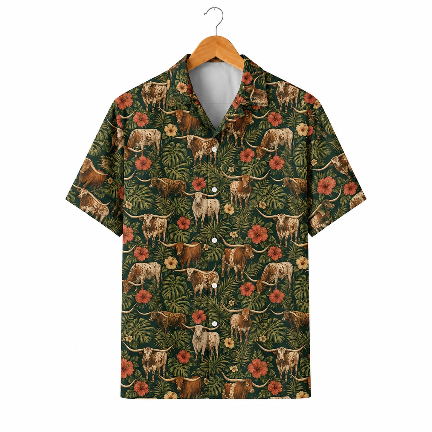HW-550-Texas Longhorn Cattle Graphic Hawaiian Shirt, Lightweight Tropical Resort Style Shirt