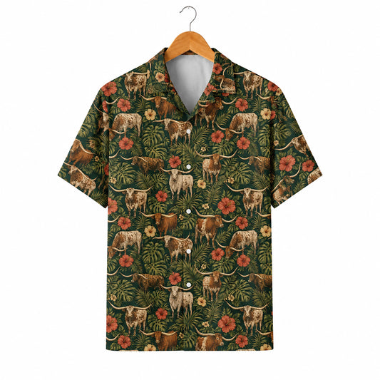 HW-550-Texas Longhorn Cattle Graphic Hawaiian Shirt, Lightweight Tropical Resort Style Shirt