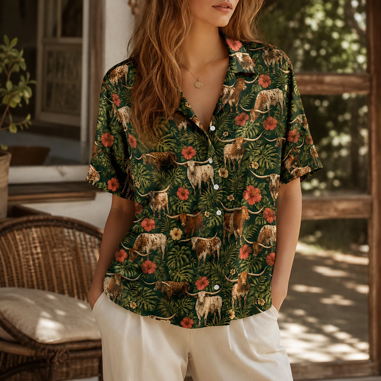 HW-550-Texas Longhorn Cattle Graphic Hawaiian Shirt, Lightweight Tropical Resort Style Shirt