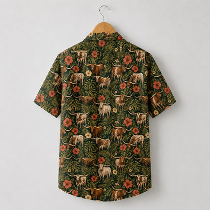 HW-550-Texas Longhorn Cattle Graphic Hawaiian Shirt, Lightweight Tropical Resort Style Shirt