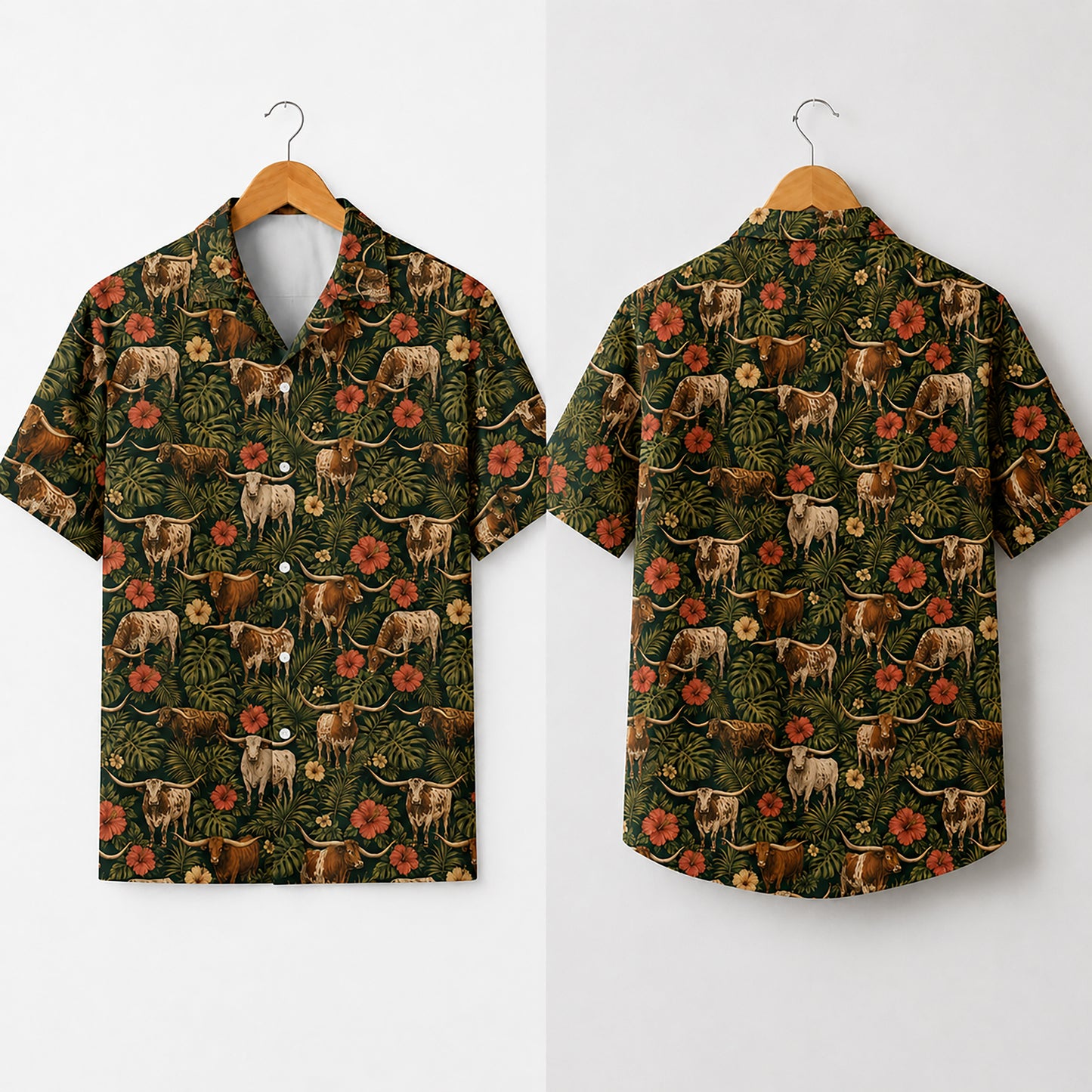 HW-550-Texas Longhorn Cattle Graphic Hawaiian Shirt, Lightweight Tropical Resort Style Shirt