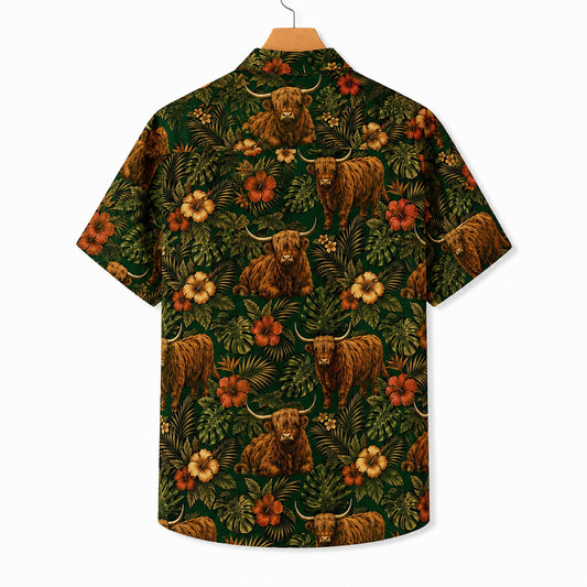 HW-551-Highland Cow Animal Hawaiian Shirt, Tropical Vacation Shirt with Western Inspired Artwork