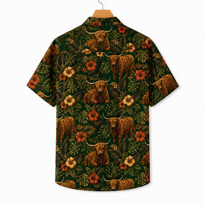 HW-551-Highland Cow Animal Hawaiian Shirt, Tropical Vacation Shirt with Western Inspired Artwork