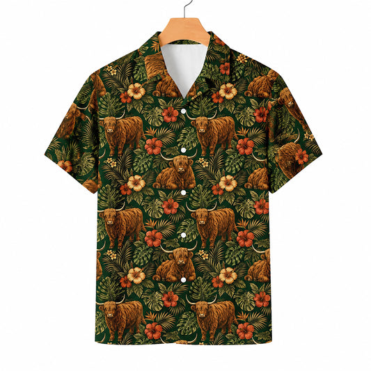 HW-551-Highland Cow Animal Hawaiian Shirt, Tropical Vacation Shirt with Western Inspired Artwork
