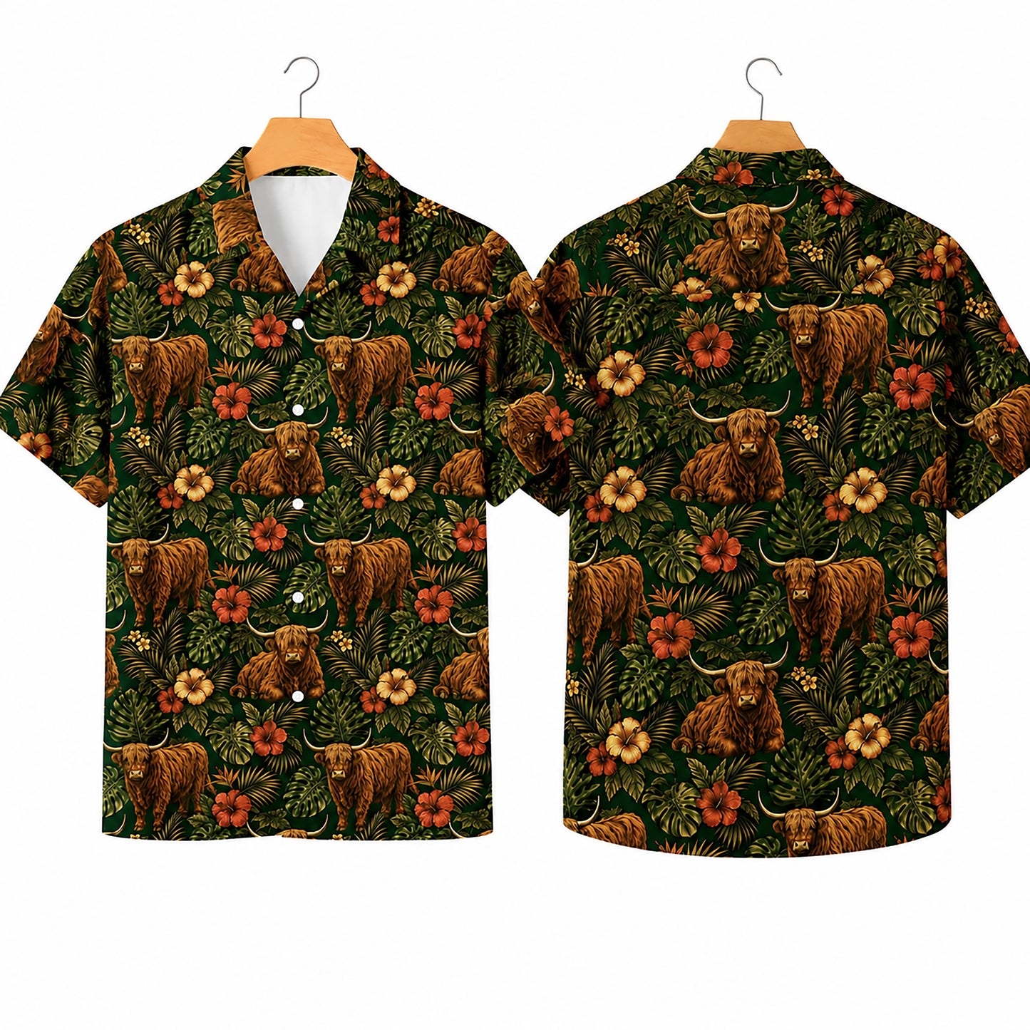 HW-551-Highland Cow Animal Hawaiian Shirt, Tropical Vacation Shirt with Western Inspired Artwork