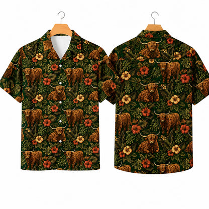 HW-551-Highland Cow Animal Hawaiian Shirt, Tropical Vacation Shirt with Western Inspired Artwork