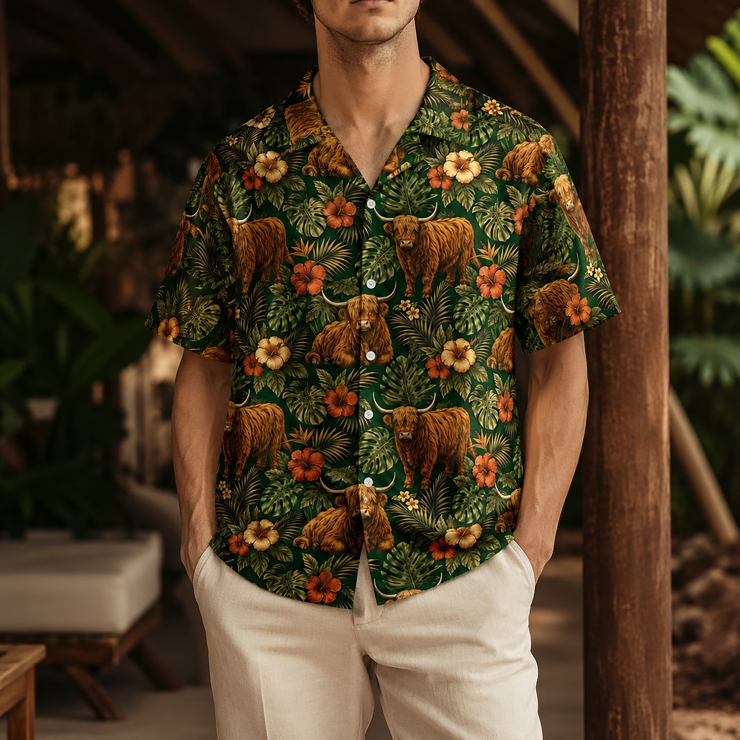 HW-551-Highland Cow Animal Hawaiian Shirt, Tropical Vacation Shirt with Western Inspired Artwork