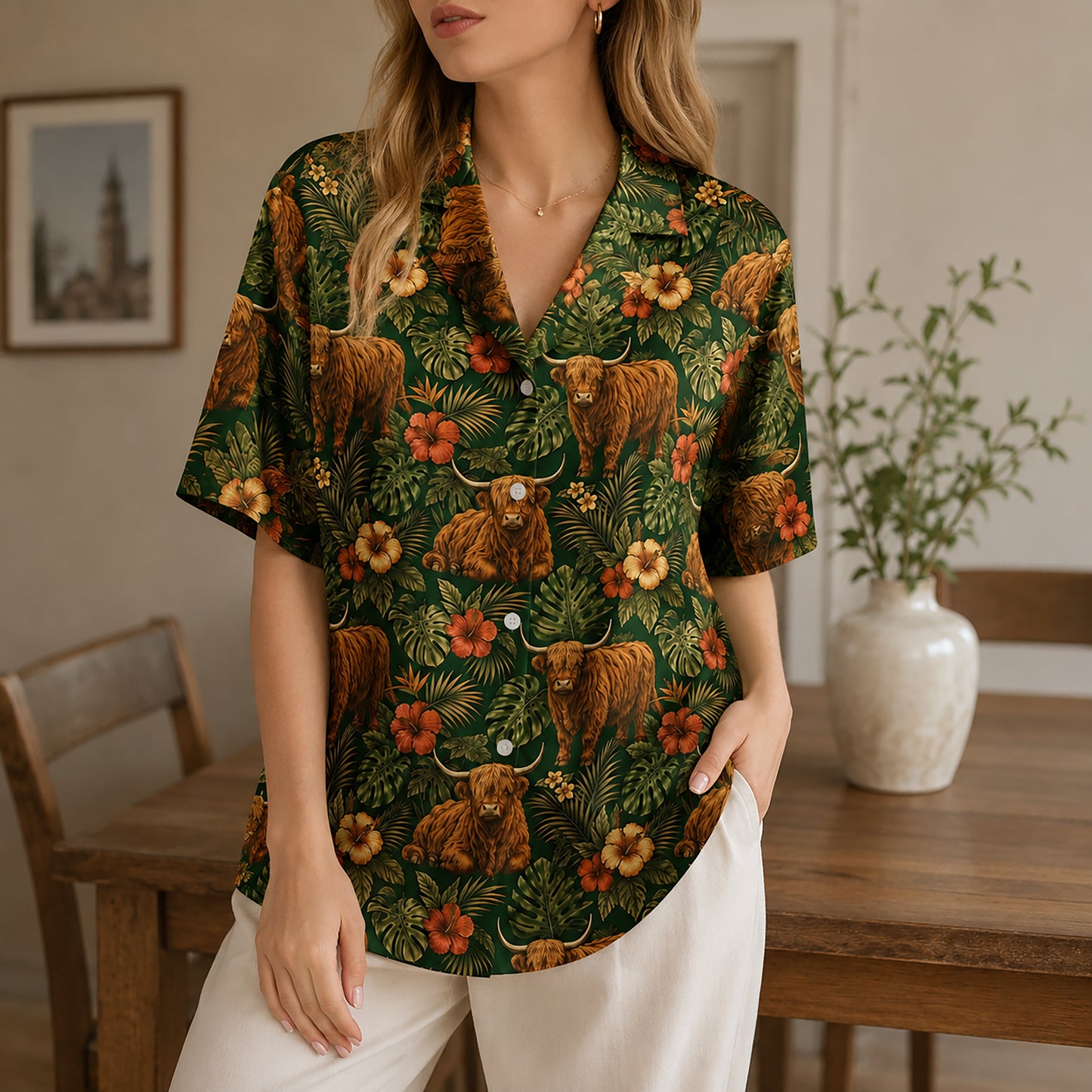 HW-551-Highland Cow Animal Hawaiian Shirt, Tropical Vacation Shirt with Western Inspired Artwork
