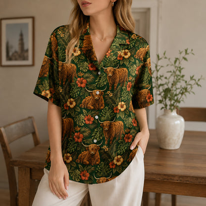 HW-551-Highland Cow Animal Hawaiian Shirt, Tropical Vacation Shirt with Western Inspired Artwork