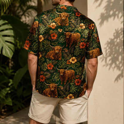 HW-551-Highland Cow Animal Hawaiian Shirt, Tropical Vacation Shirt with Western Inspired Artwork