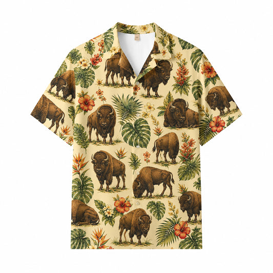 HW-552-American Bison Hawaiian Shirt, Button-Up Camp Shirt with Nature and Animal Graphics