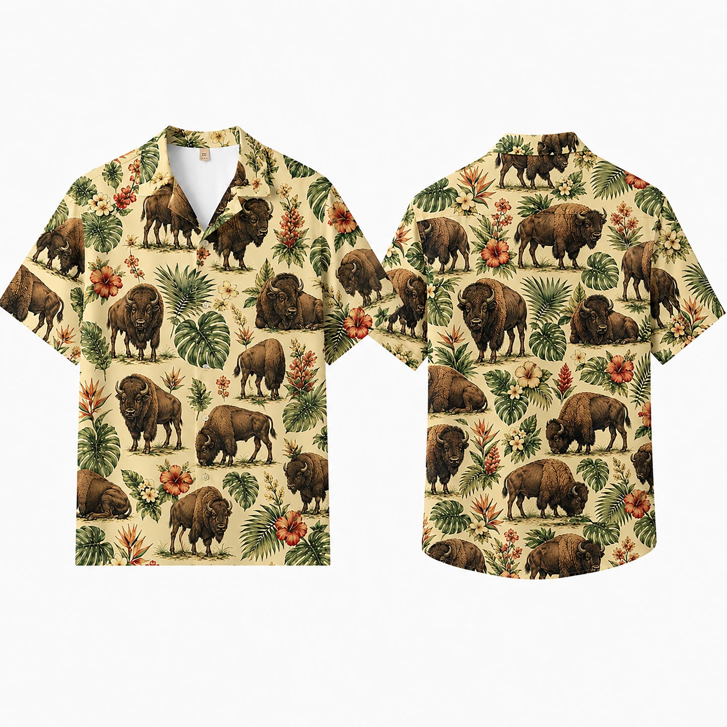 HW-552-American Bison Hawaiian Shirt, Button-Up Camp Shirt with Nature and Animal Graphics