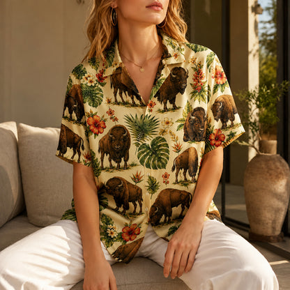 HW-552-American Bison Hawaiian Shirt, Button-Up Camp Shirt with Nature and Animal Graphics