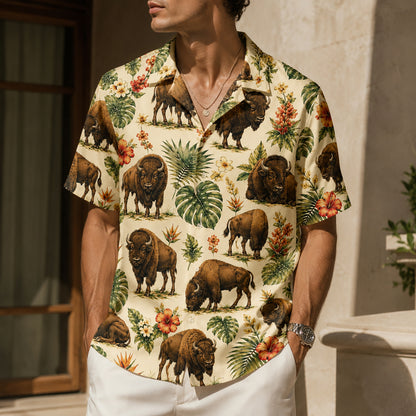 HW-552-American Bison Hawaiian Shirt, Button-Up Camp Shirt with Nature and Animal Graphics
