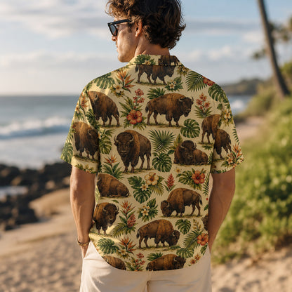 HW-552-American Bison Hawaiian Shirt, Button-Up Camp Shirt with Nature and Animal Graphics