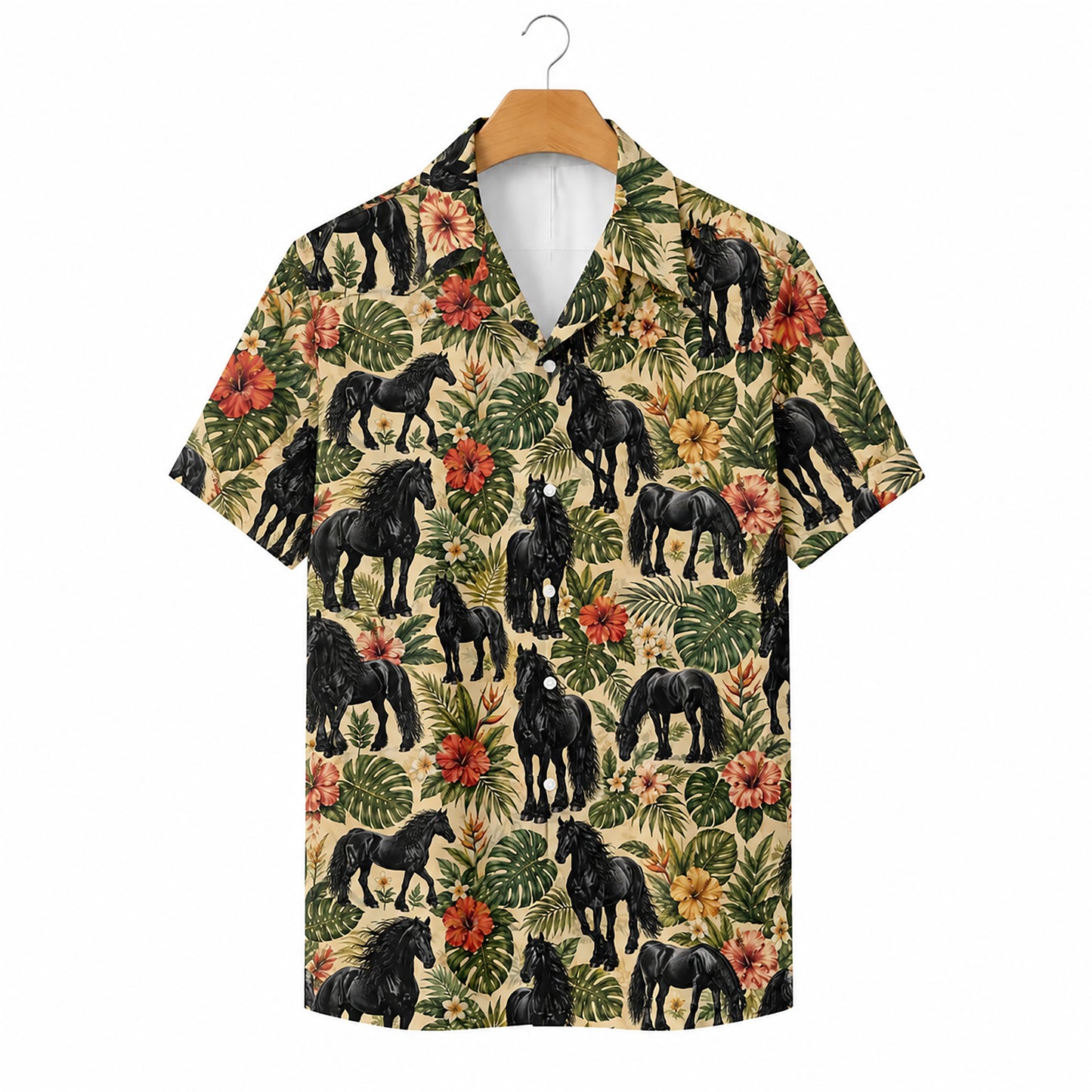 HW-553-Black Horse Print Hawaiian Shirt, Tropical Button-Up Camp Shirt with Nature Inspired Design