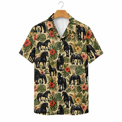 HW-553-Black Horse Print Hawaiian Shirt, Tropical Button-Up Camp Shirt with Nature Inspired Design